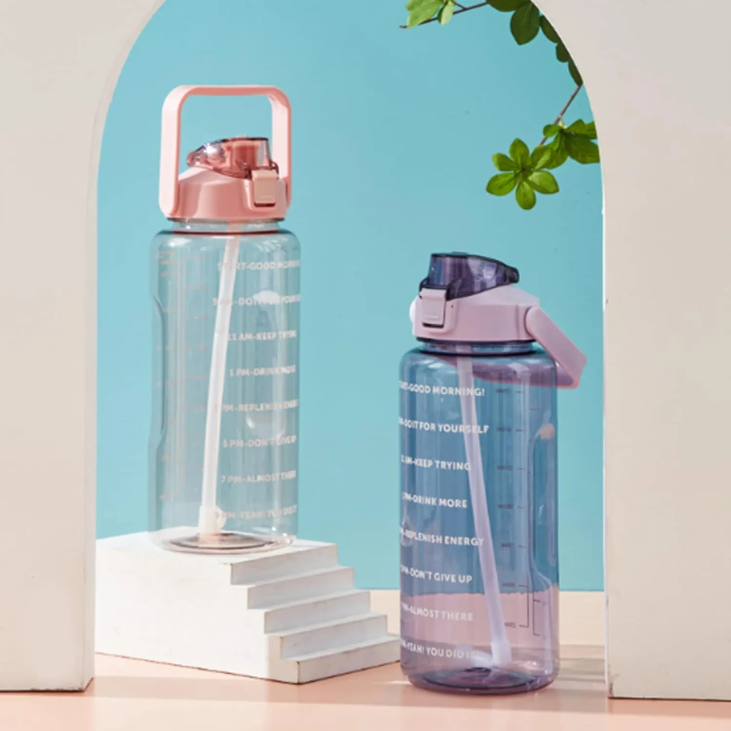 2L Transparent Water Bottle with Marker Straw and Handle Reusable Leakproof Water Jug