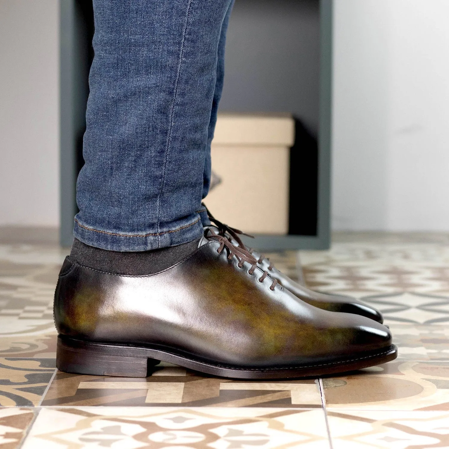 Ambrogio Bespoke Men's Shoes Green Patina Leather Whole Cut Oxfords (AMB2295)
