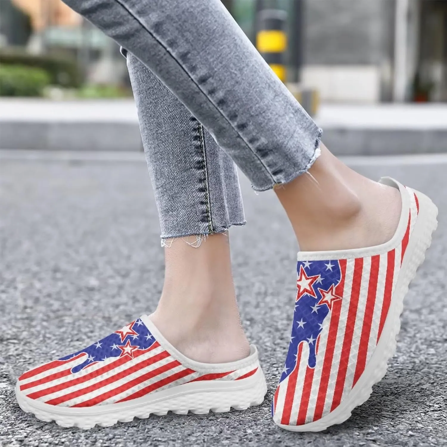 American Flag Print Mule Tennis Shoes for Women Classic Flats Shoes White EVA Sole Casual Sneaker Garden Clogs