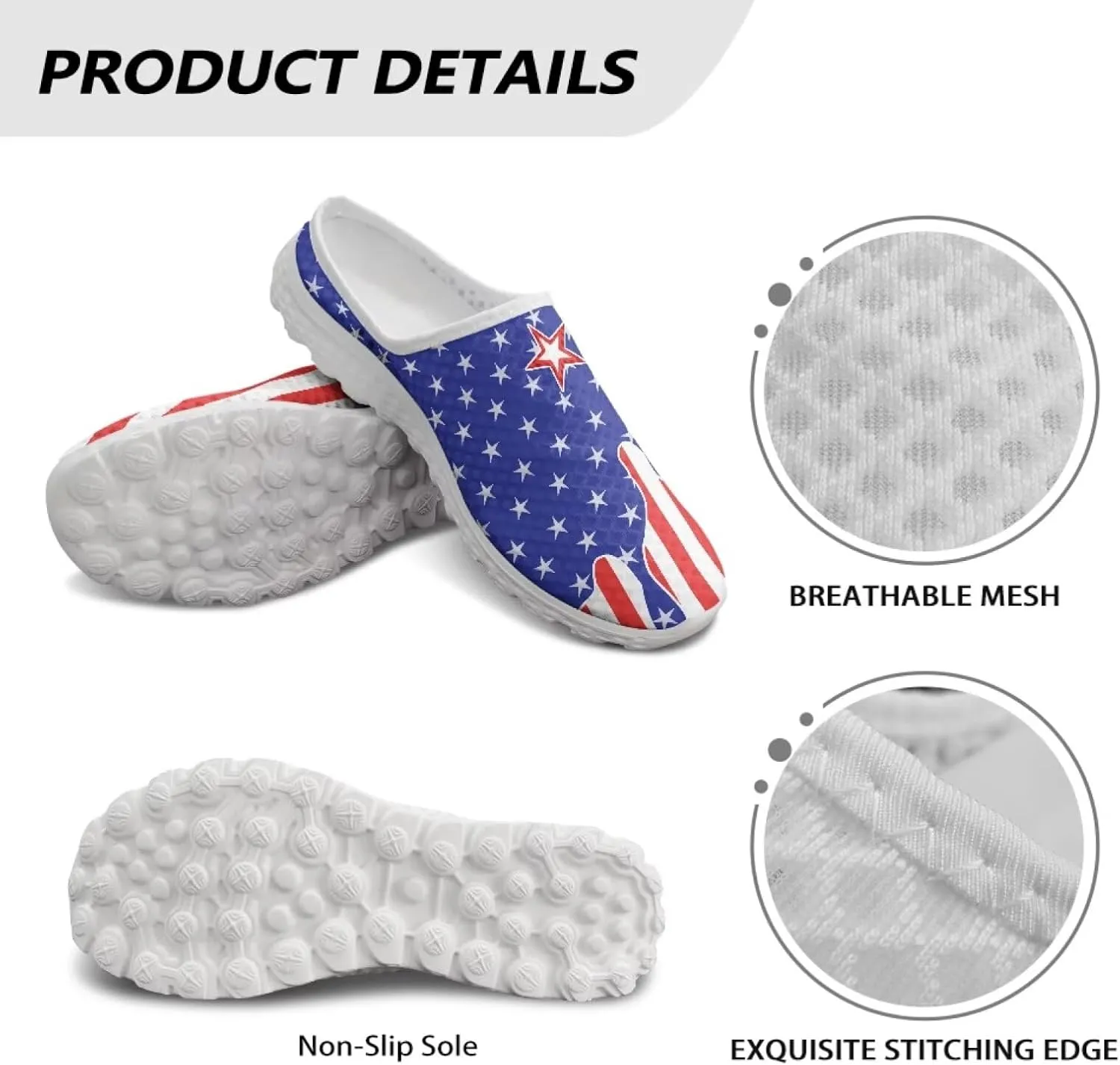 American Flag Print Mule Tennis Shoes for Women Classic Flats Shoes White EVA Sole Casual Sneaker Garden Clogs
