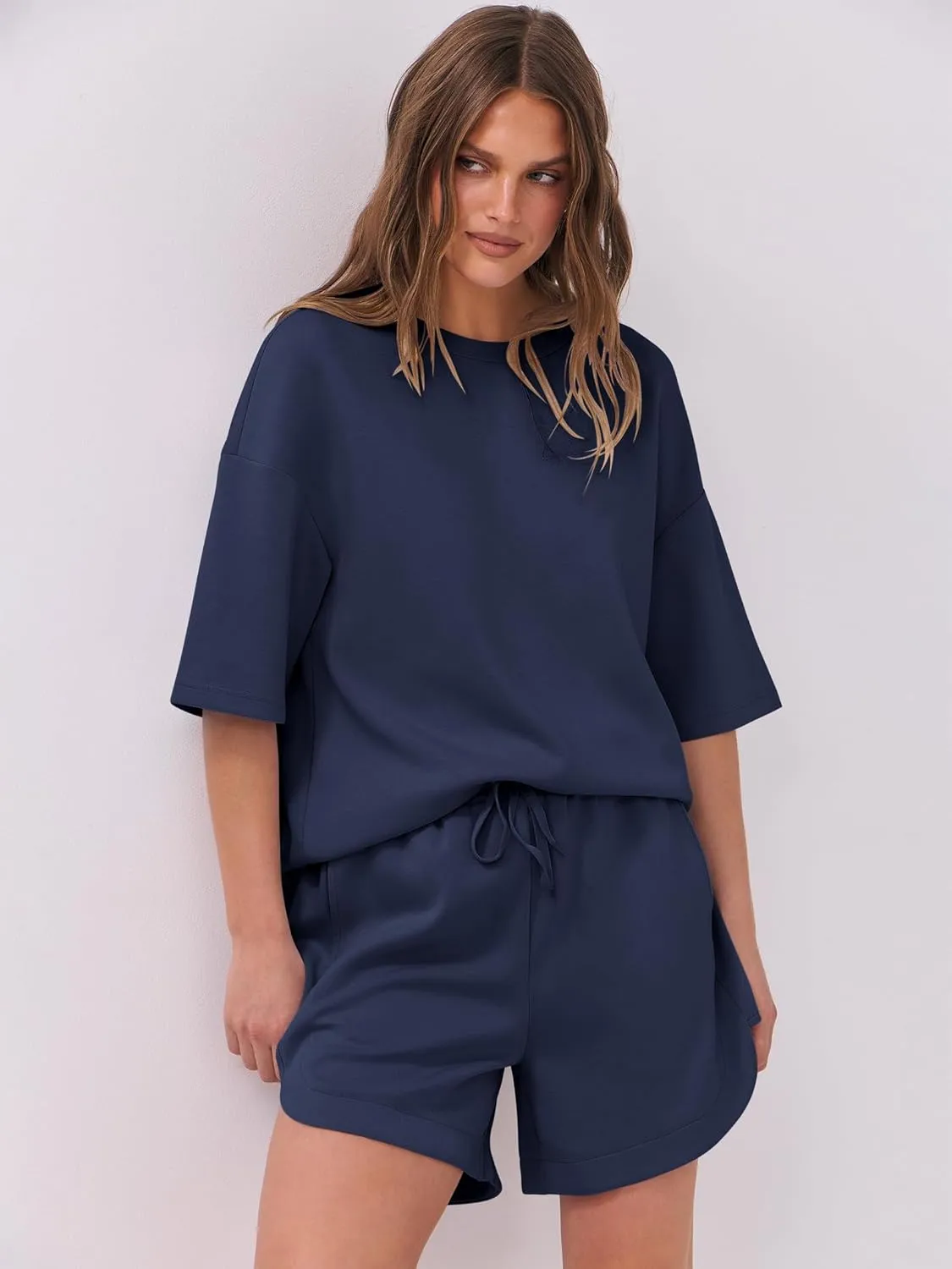 ANRABESS Two Piece Outfits Oversized Top Lounge Shorts Matching Sets 2025 Summer Fashion Sweatsuits Travel Airport Clothes