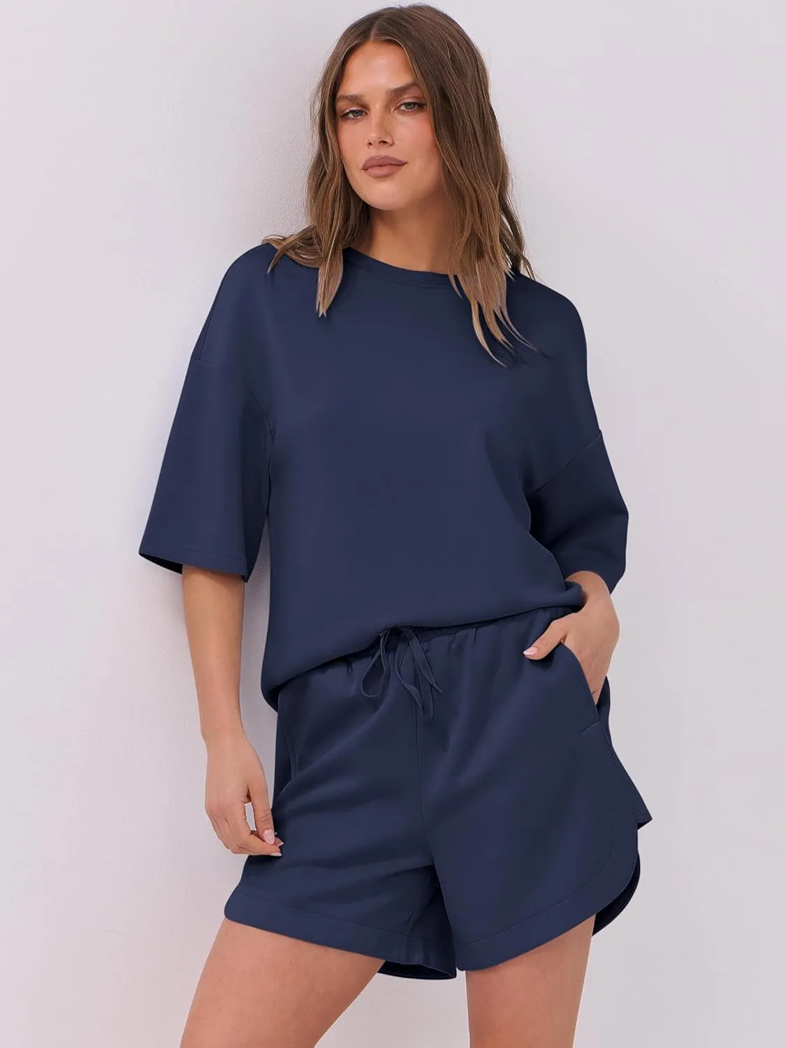 ANRABESS Two Piece Outfits Oversized Top Lounge Shorts Matching Sets 2025 Summer Fashion Sweatsuits Travel Airport Clothes
