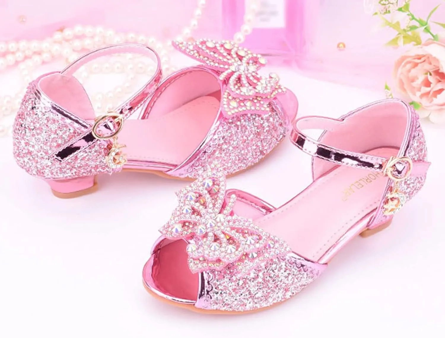 Baby Girls Bow Sequins Pearl Princess Sandals Open Toe High Heels Glitter Ankle Dress Shoes Toddler Summer Outdoor Strap