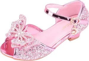 Baby Girls Bow Sequins Pearl Princess Sandals Open Toe High Heels Glitter Ankle Dress Shoes Toddler Summer Outdoor Strap