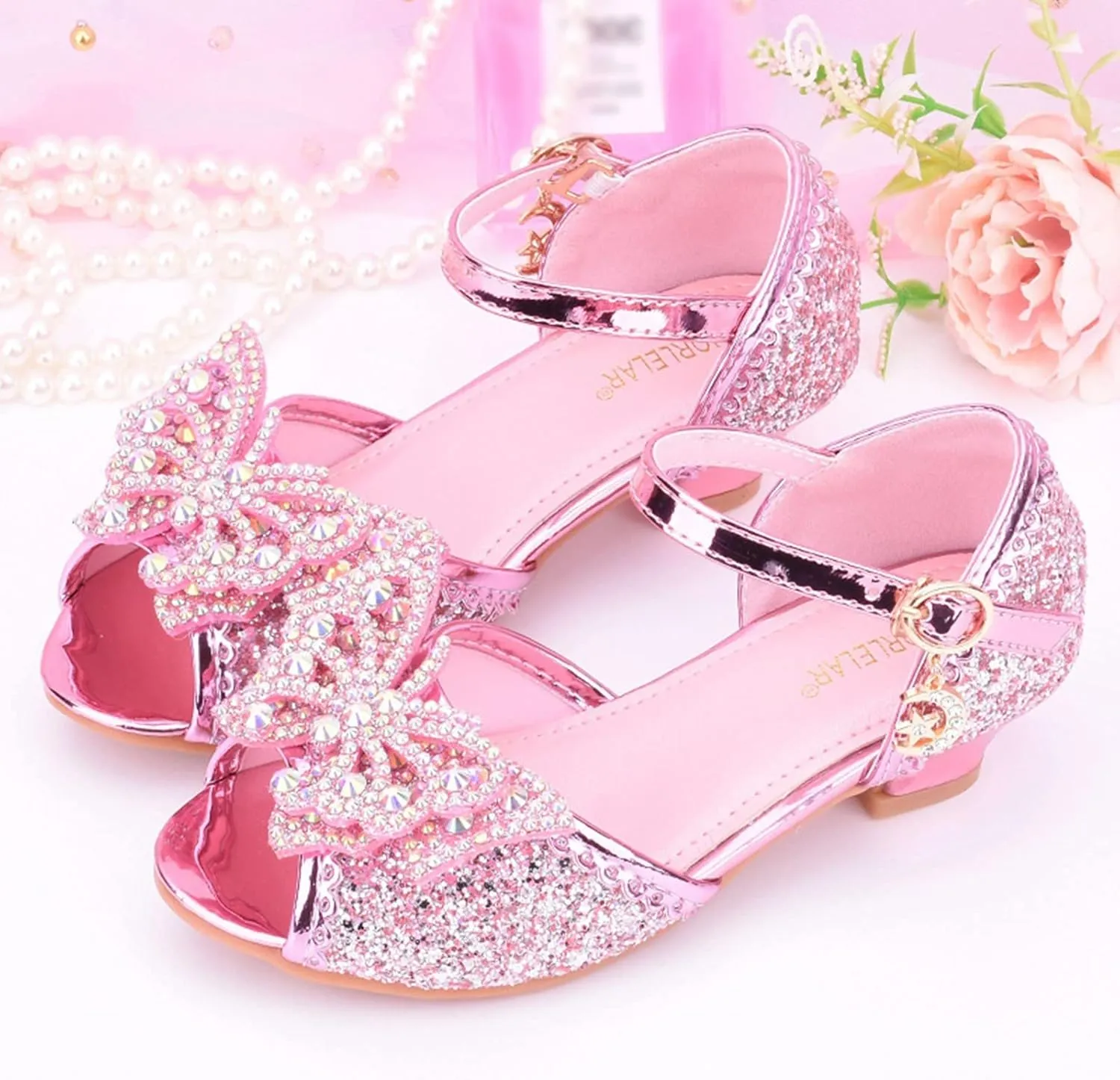 Baby Girls Bow Sequins Pearl Princess Sandals Open Toe High Heels Glitter Ankle Dress Shoes Toddler Summer Outdoor Strap