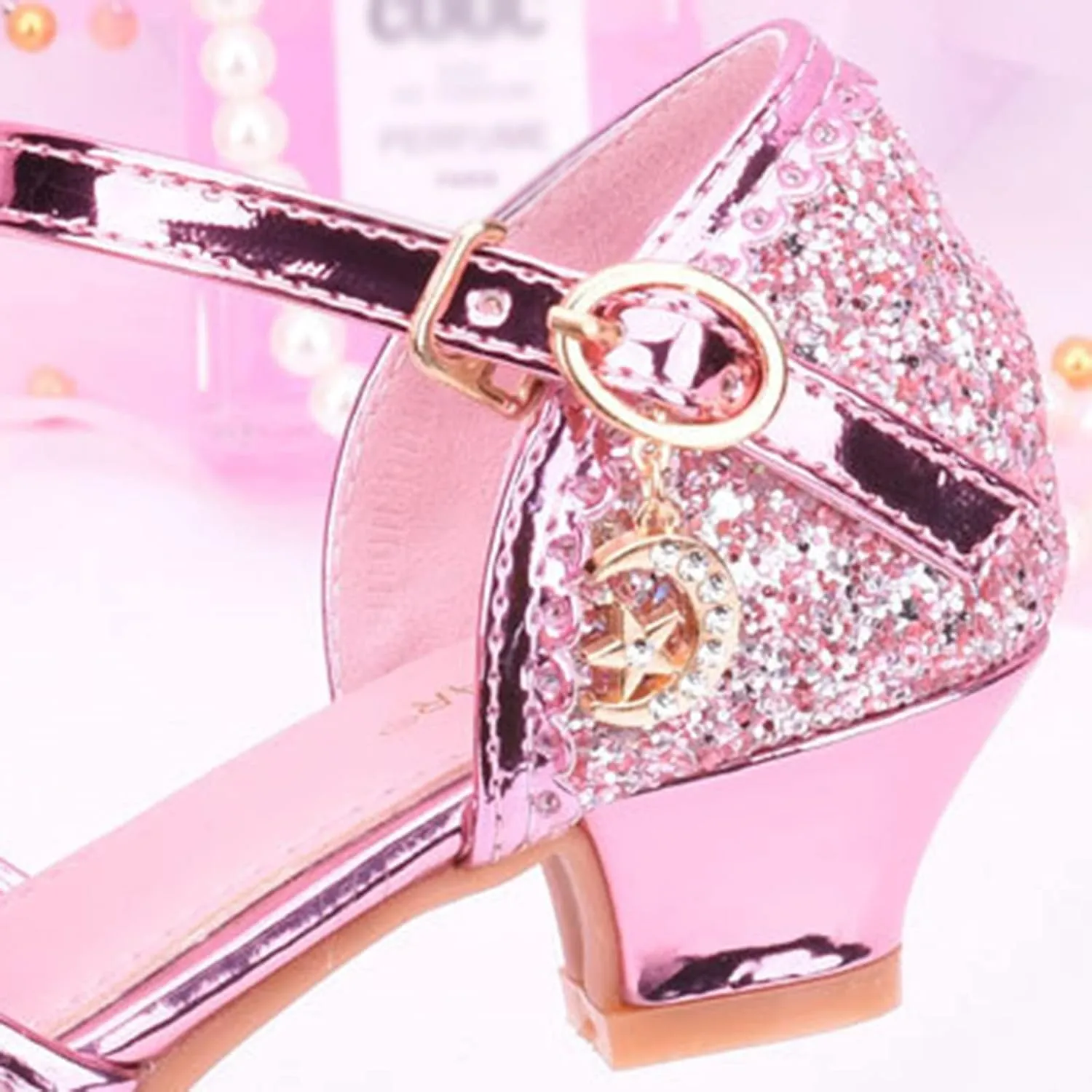 Baby Girls Bow Sequins Pearl Princess Sandals Open Toe High Heels Glitter Ankle Dress Shoes Toddler Summer Outdoor Strap