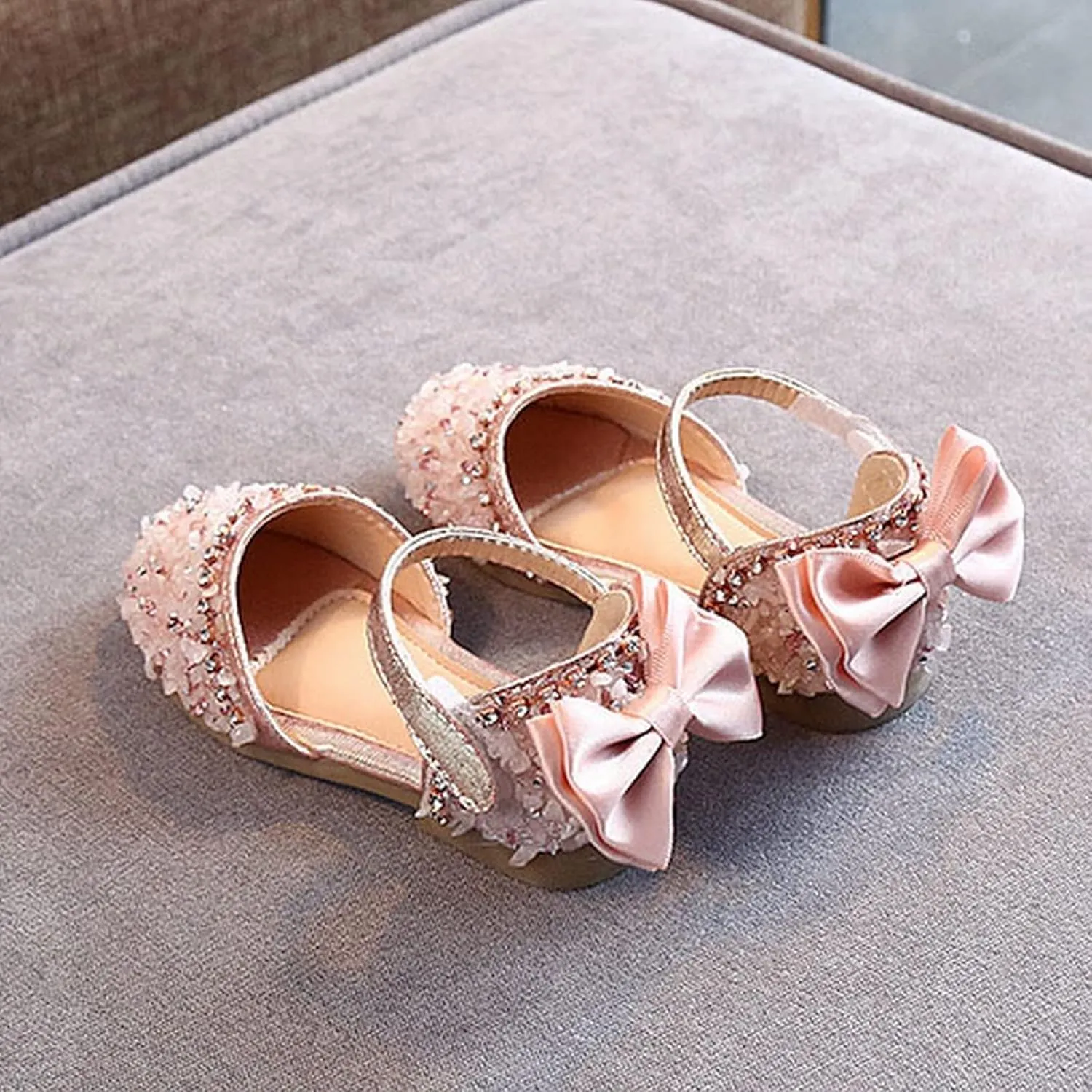 Baby Girls Pearl Sequins Sandals Formal Wedding Party Dress Ankle Princess Shoes Low Heel Closed Toe Fancy Sandals