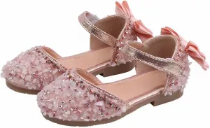 Baby Girls Pearl Sequins Sandals Formal Wedding Party Dress Ankle Princess Shoes Low Heel Closed Toe Fancy Sandals