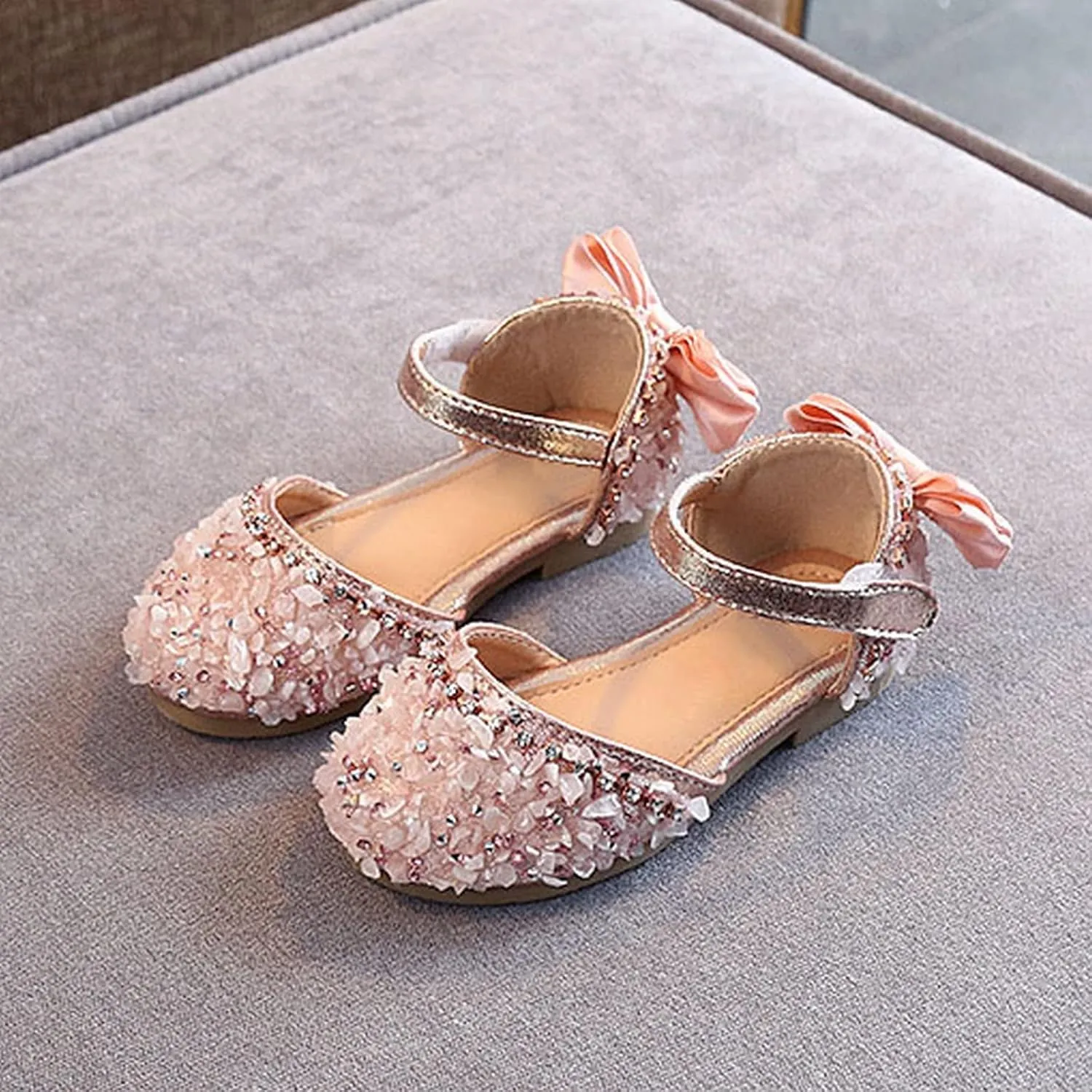 Baby Girls Pearl Sequins Sandals Formal Wedding Party Dress Ankle Princess Shoes Low Heel Closed Toe Fancy Sandals