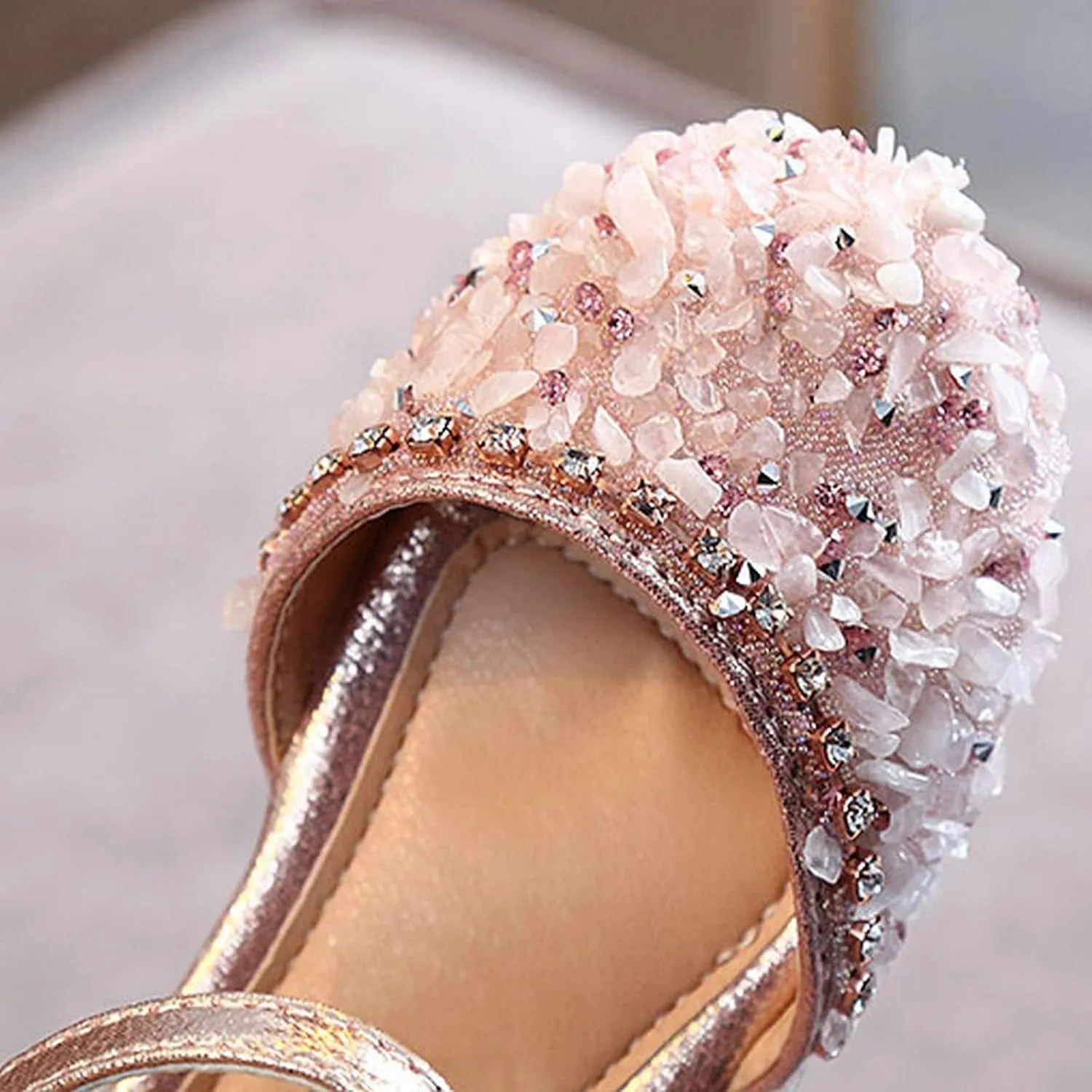 Baby Girls Pearl Sequins Sandals Formal Wedding Party Dress Ankle Princess Shoes Low Heel Closed Toe Fancy Sandals