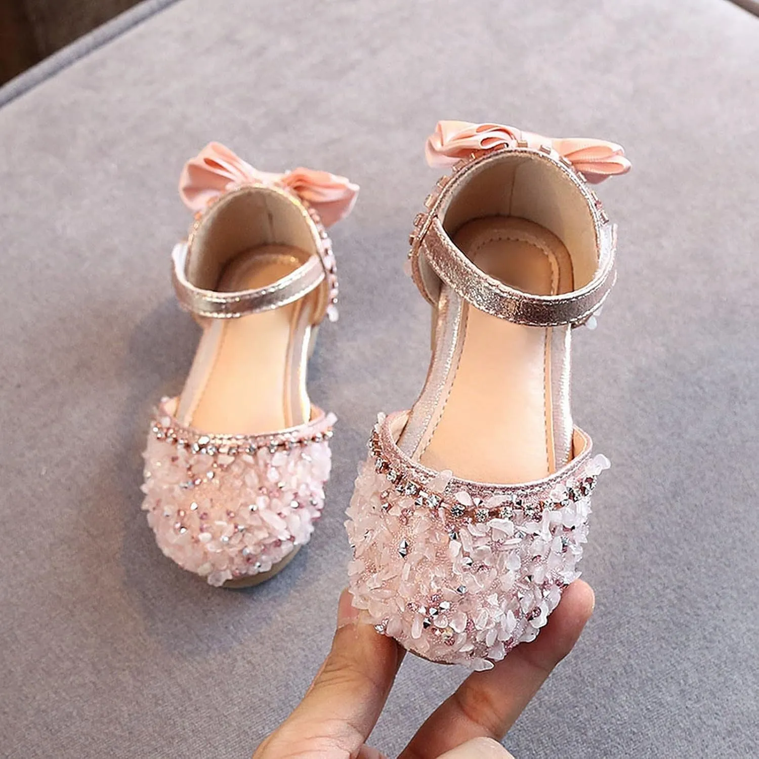 Baby Girls Pearl Sequins Sandals Formal Wedding Party Dress Ankle Princess Shoes Low Heel Closed Toe Fancy Sandals