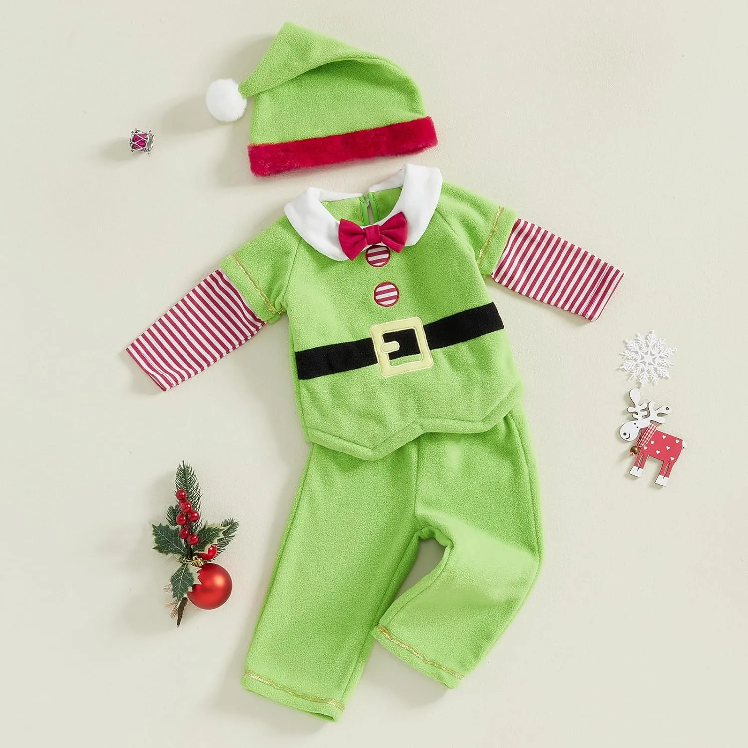 Baby Santa Outfit Cute Long Sleeve Patchwork Shirt Top Stripe Pants Hat Shoe Covers Infant Christmas Costume