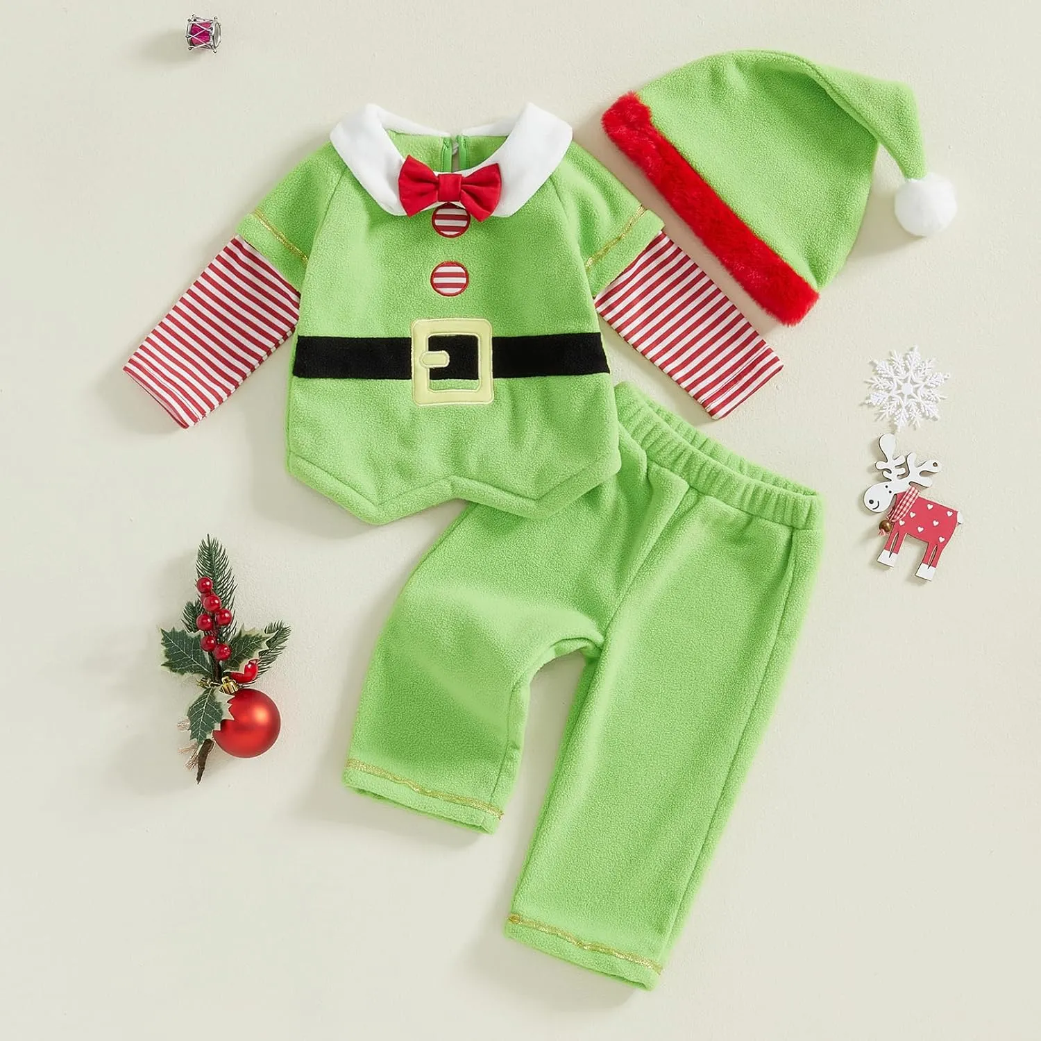 Baby Santa Outfit Cute Long Sleeve Patchwork Shirt Top Stripe Pants Hat Shoe Covers Infant Christmas Costume