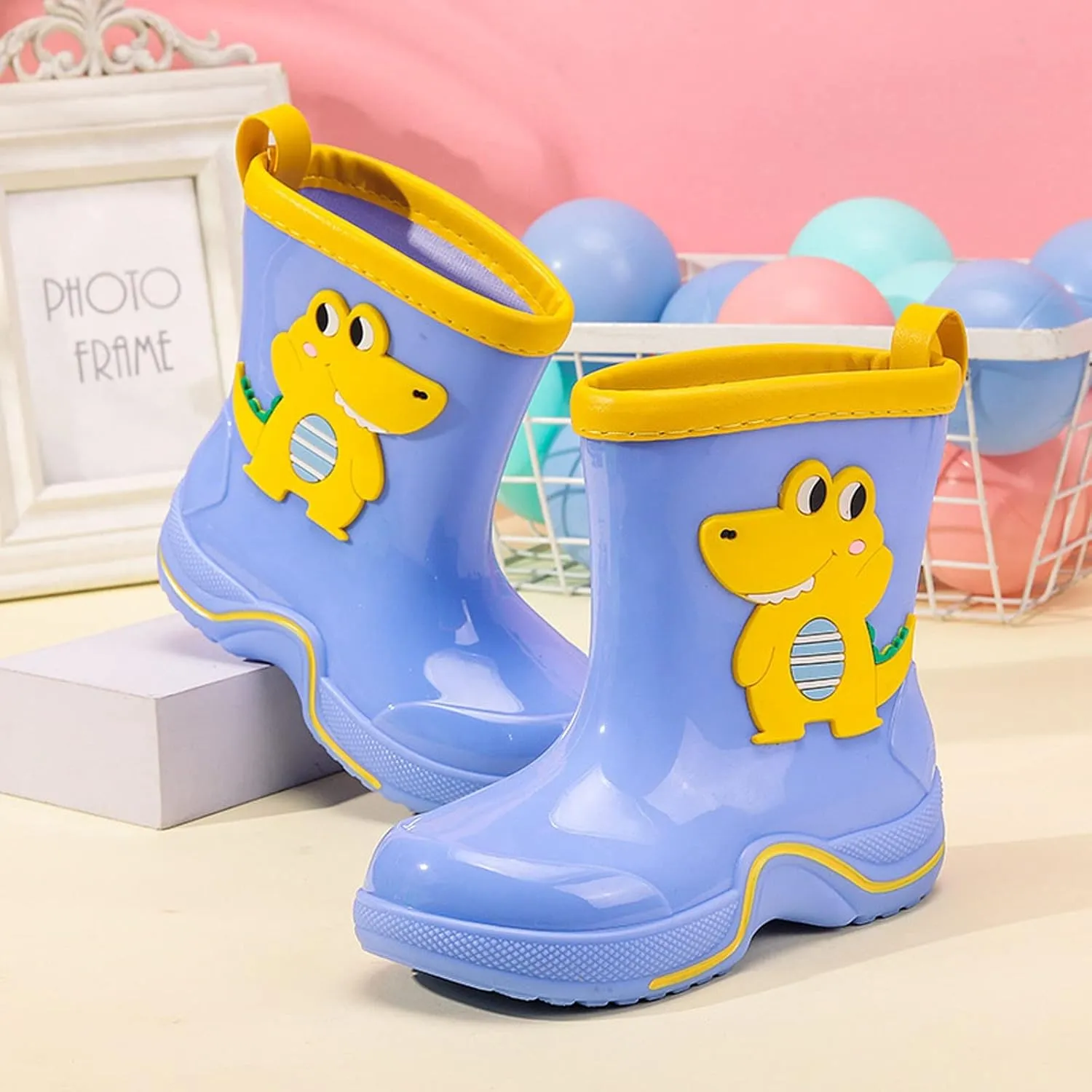 Boys Girls Glitter Easy On Rain Boots Rubber aterproof Boots Textured Soles Non Slip Comfortable School Boot