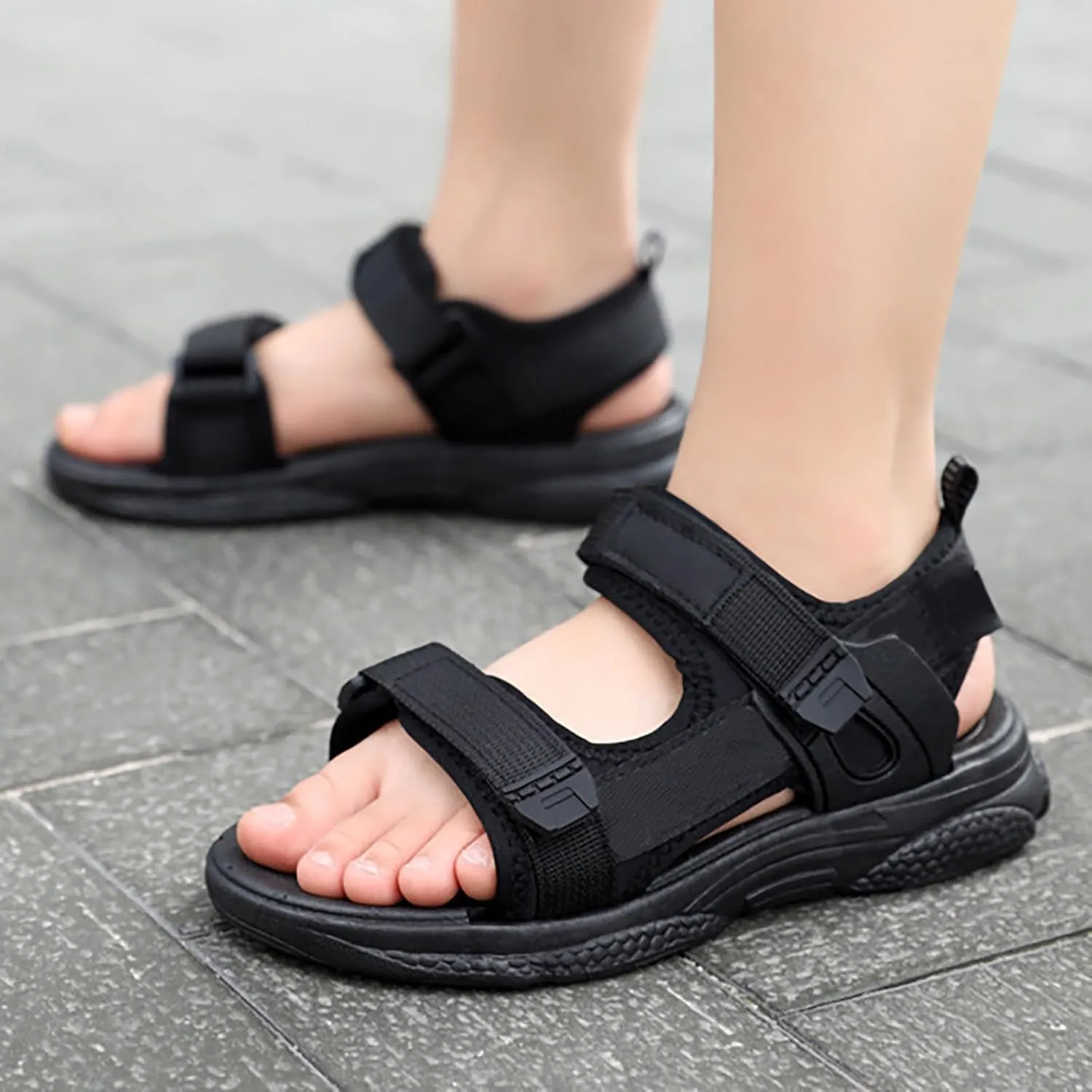 Boys Girls Sports Sandals Summer Open Toe Slip On Double Strap Adjustable Sandals Kids Fashion Beach Water Shoes