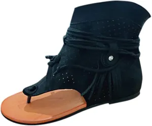 Casual Tassel Sandals for Women, Retro Bohemian Gladiator Fringe Sandals Flat Clip-Toe Flip-Flops Beach Sandals Shoes T-Strap Roman Open-Toe Sandals