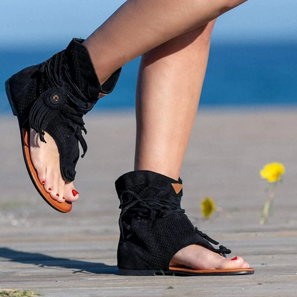 Casual Tassel Sandals for Women, Retro Bohemian Gladiator Fringe Sandals Flat Clip-Toe Flip-Flops Beach Sandals Shoes T-Strap Roman Open-Toe Sandals
