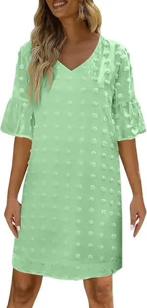 Chiffon Dresses for Women 2024 Summer Smocked Dress Short Flutter Sleeve V Neck Swiss Dot Ruffle Tiered Mini Dress