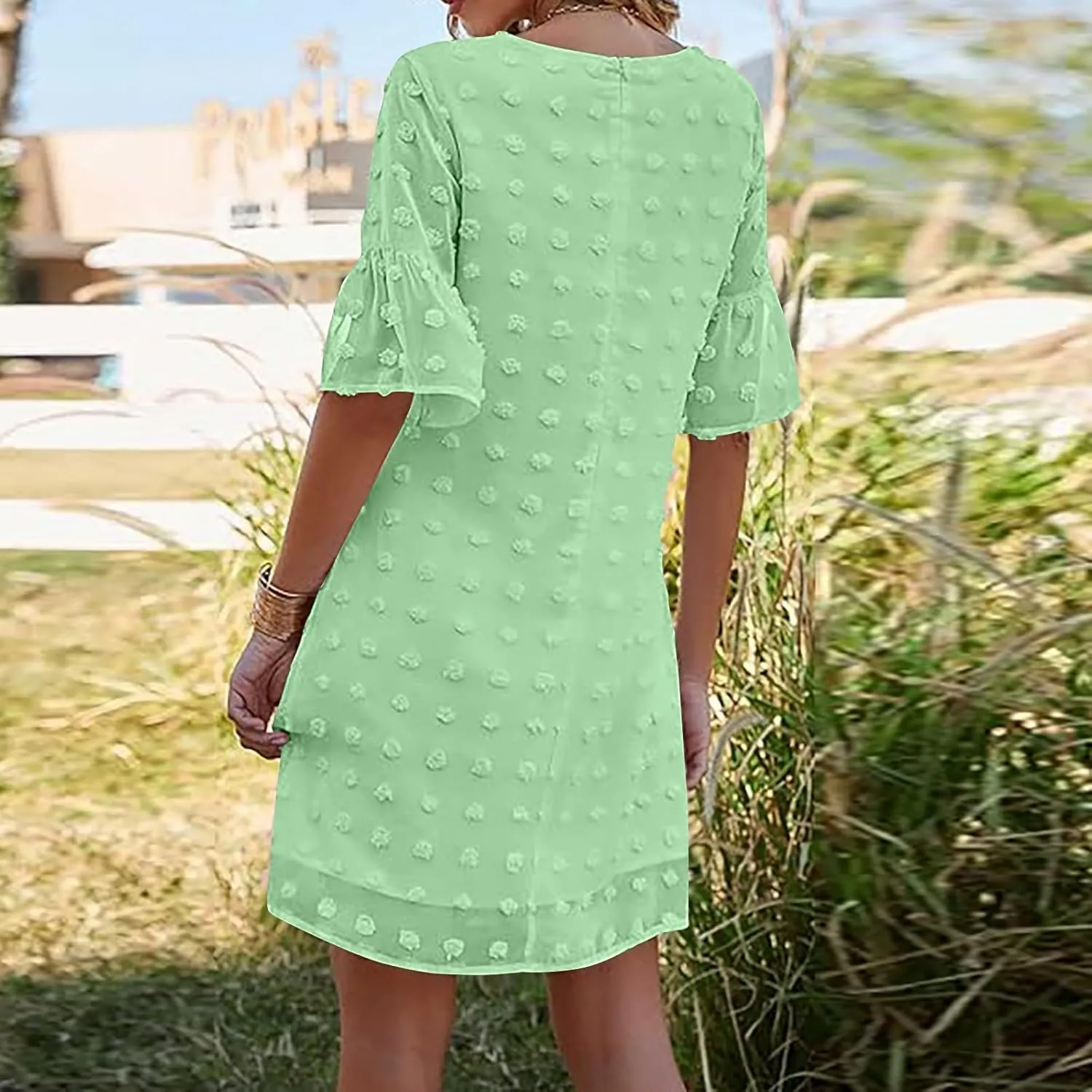 Chiffon Dresses for Women 2024 Summer Smocked Dress Short Flutter Sleeve V Neck Swiss Dot Ruffle Tiered Mini Dress