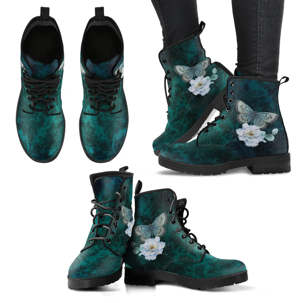 Combat Boots - Butterfly Shoes #109 Vintage | Green Custom Shoes Boho, Women's Boots, Aesthetic Shoes, Vintage Style Shoes, Sorority Shoes