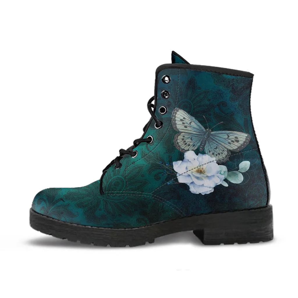 Combat Boots - Butterfly Shoes #109 Vintage | Green Custom Shoes Boho, Women's Boots, Aesthetic Shoes, Vintage Style Shoes, Sorority Shoes
