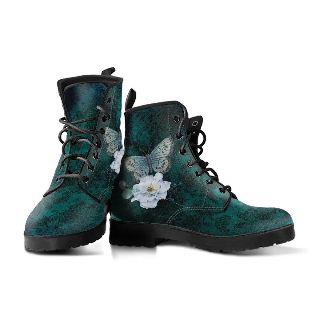Combat Boots - Butterfly Shoes #109 Vintage | Green Custom Shoes Boho, Women's Boots, Aesthetic Shoes, Vintage Style Shoes, Sorority Shoes