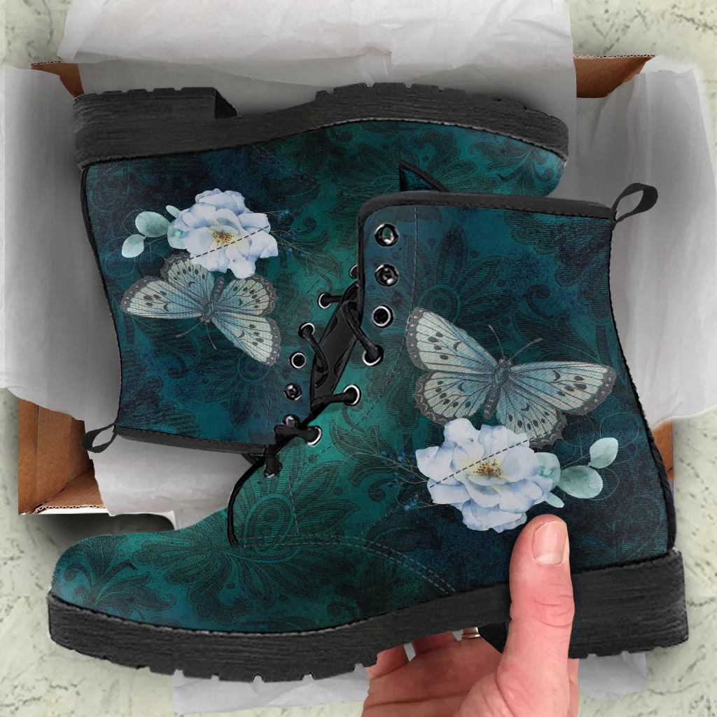 Combat Boots - Butterfly Shoes #109 Vintage | Green Custom Shoes Boho, Women's Boots, Aesthetic Shoes, Vintage Style Shoes, Sorority Shoes