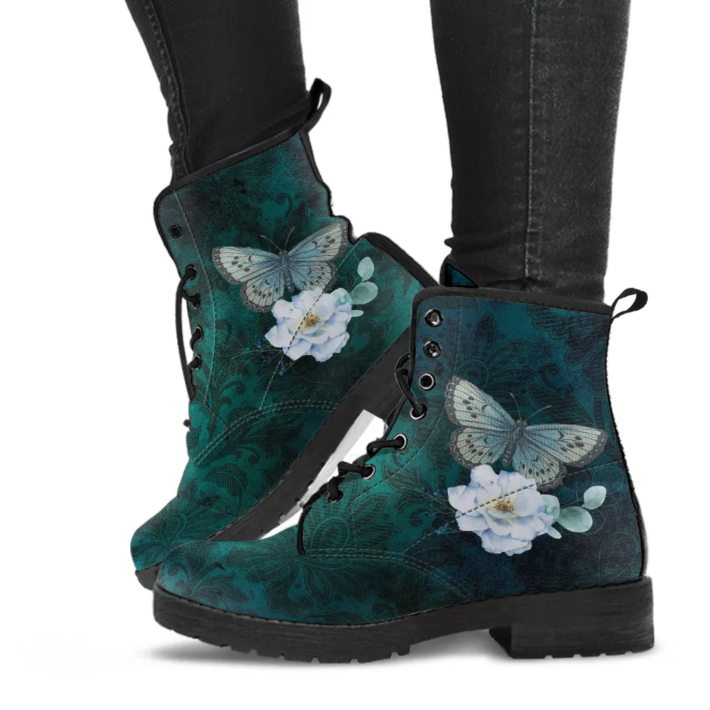 Combat Boots - Butterfly Shoes #109 Vintage | Green Custom Shoes Boho, Women's Boots, Aesthetic Shoes, Vintage Style Shoes, Sorority Shoes