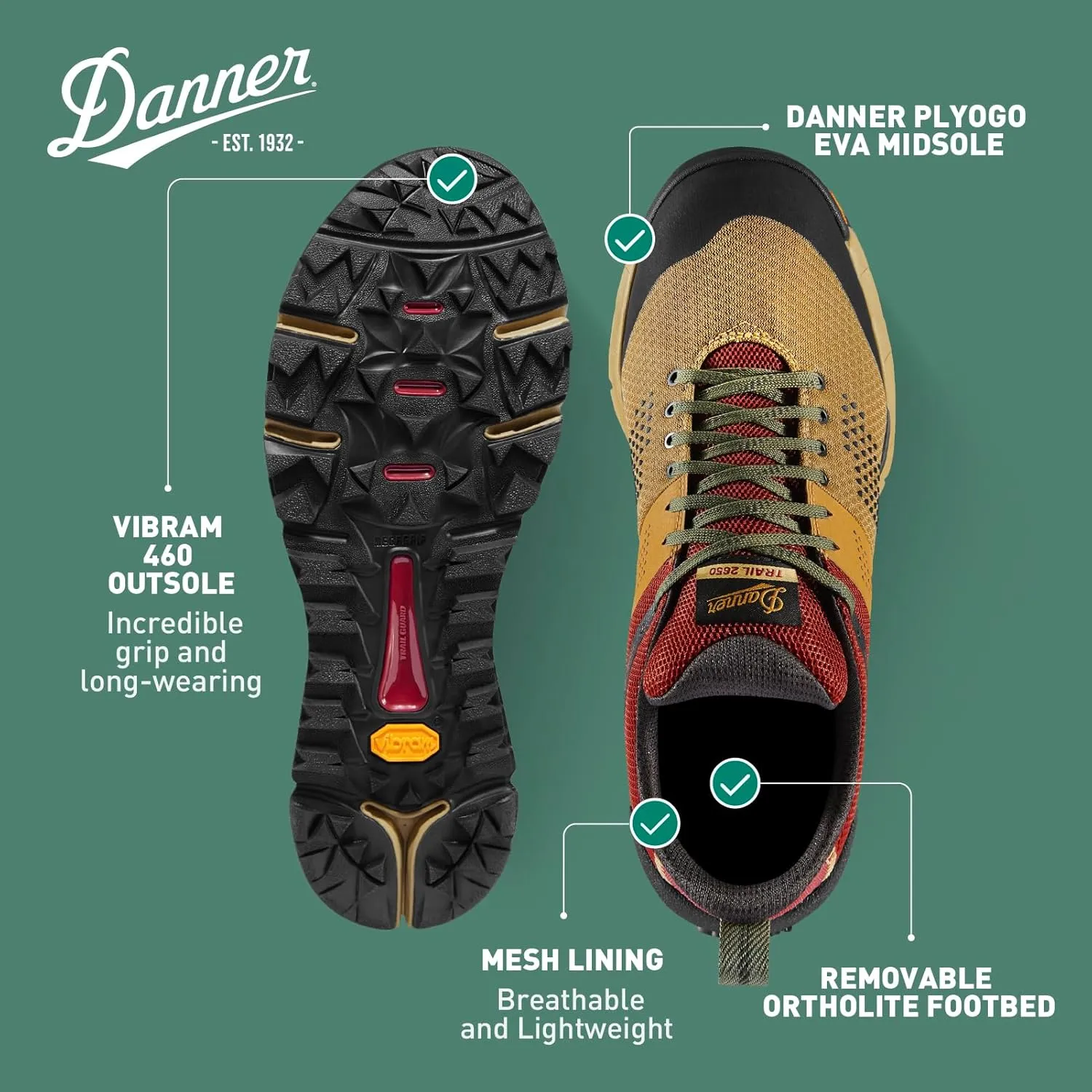 Danner Trail 2650 Hiking Shoes for Men - Durable Suede, Lightweight Textile with Breathable Mesh Lining, Ortholite Footbed & Vibram Traction Outsole