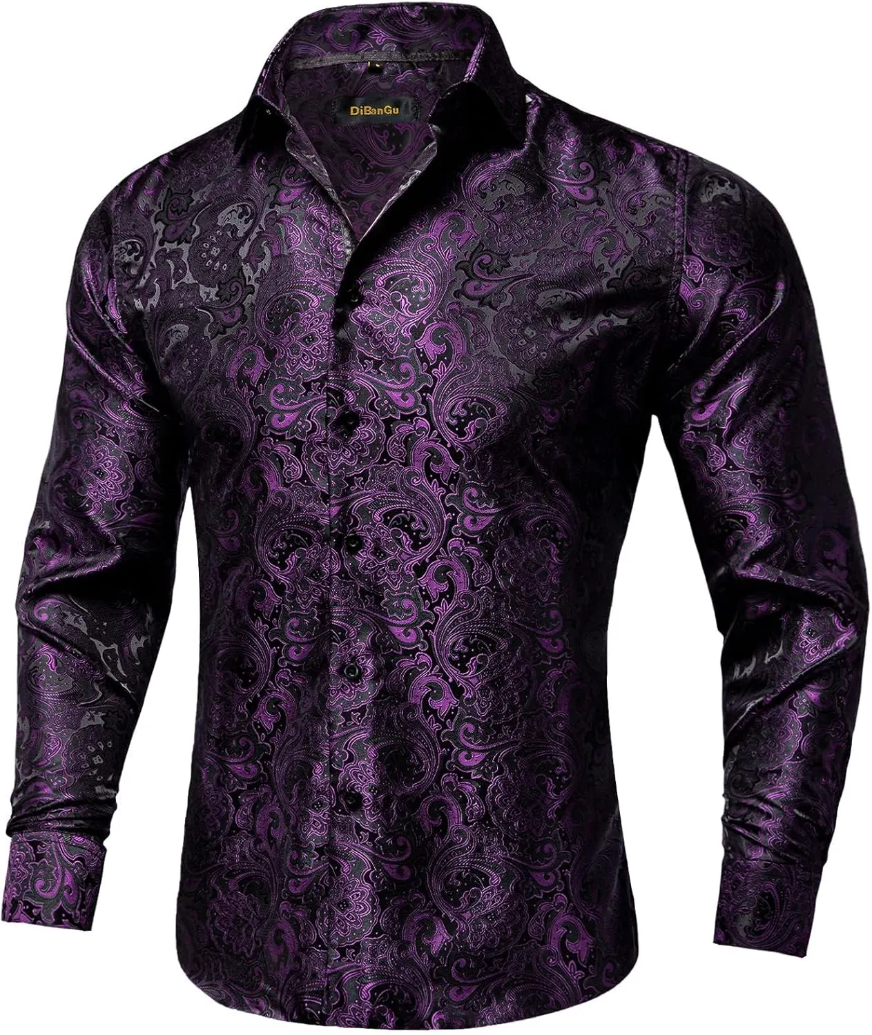 DiBanGu Mens Silk Paisley Dress Shirts,Long Sleeve Button Down Shirt Casual Regular Fit Shirt for Men Wedding Party