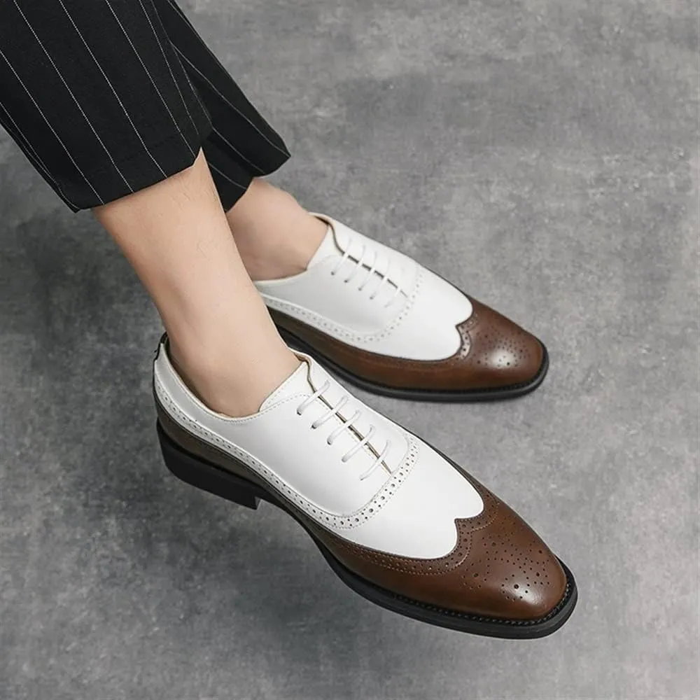 Dress Formal Shoes for Men Lace Up Two Tone Brogue Embossed Wing tip PU Leather Anti-Slip Block Heel Resistant Non Slip Rubber Sole Party Suitable for Many Occasions