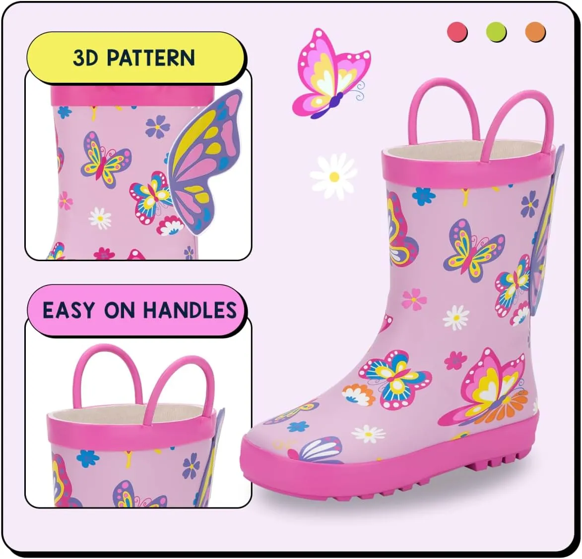 EUXTERPA Toddler Rain Boots for Boys Girls Waterproof Kids Printed Rubber Boots with Easy On Handles