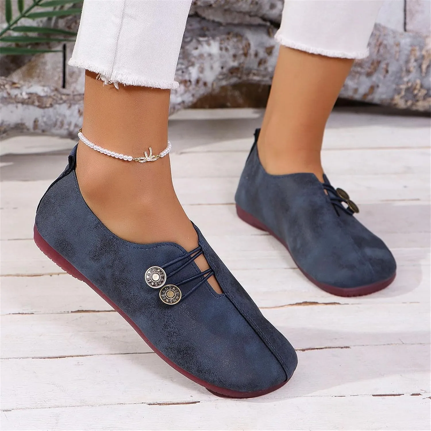 Flats Shoes Women Comfortable Fashion Round Toe Flats Casual Dressy Ballet Flat Shoes Lightweight Soft Non Slip Business Work Loafer Elegant Slip On Loafers with Button