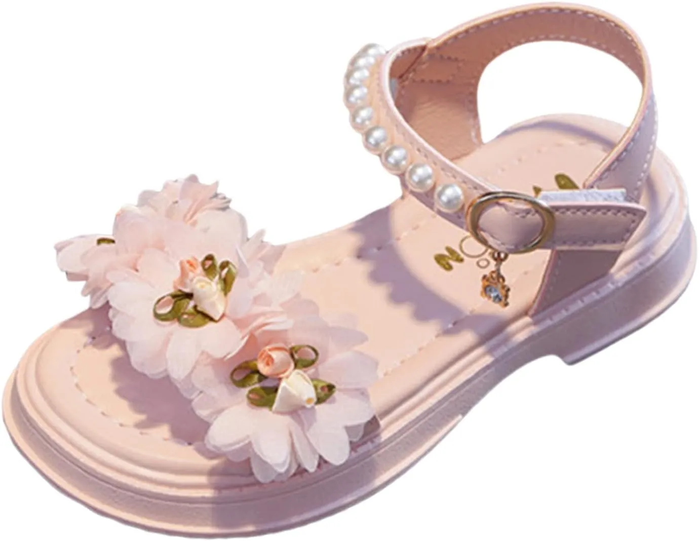 Flower Girls Sandals for Kids Dress Shoes Summer Casual Open Toe Floral Dressy Princess Sandal with Pearl Ankle Strap