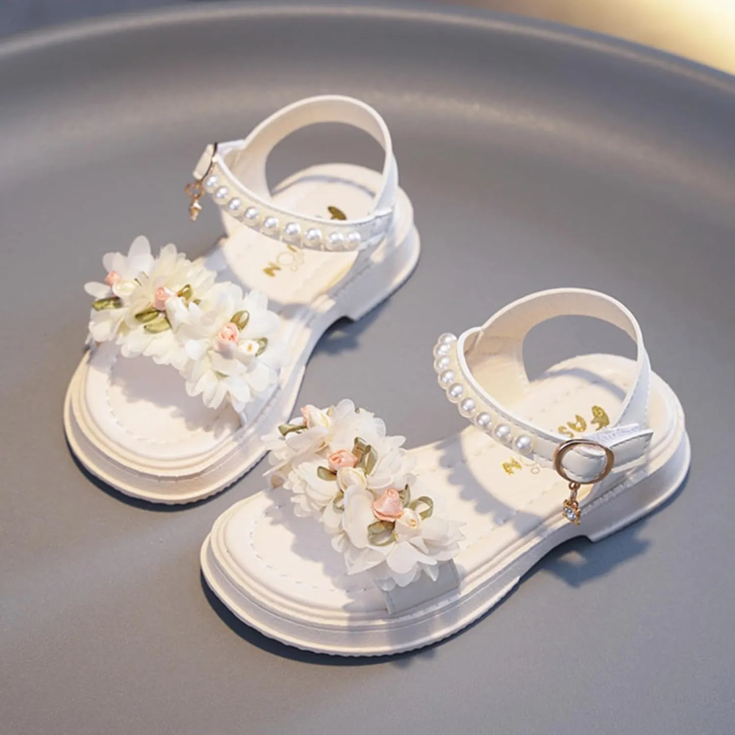 Flower Girls Sandals for Kids Dress Shoes Summer Casual Open Toe Floral Dressy Princess Sandal with Pearl Ankle Strap