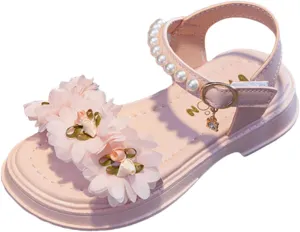 Flower Girls Sandals for Kids Dress Shoes Summer Casual Open Toe Floral Dressy Princess Sandal with Pearl Ankle Strap
