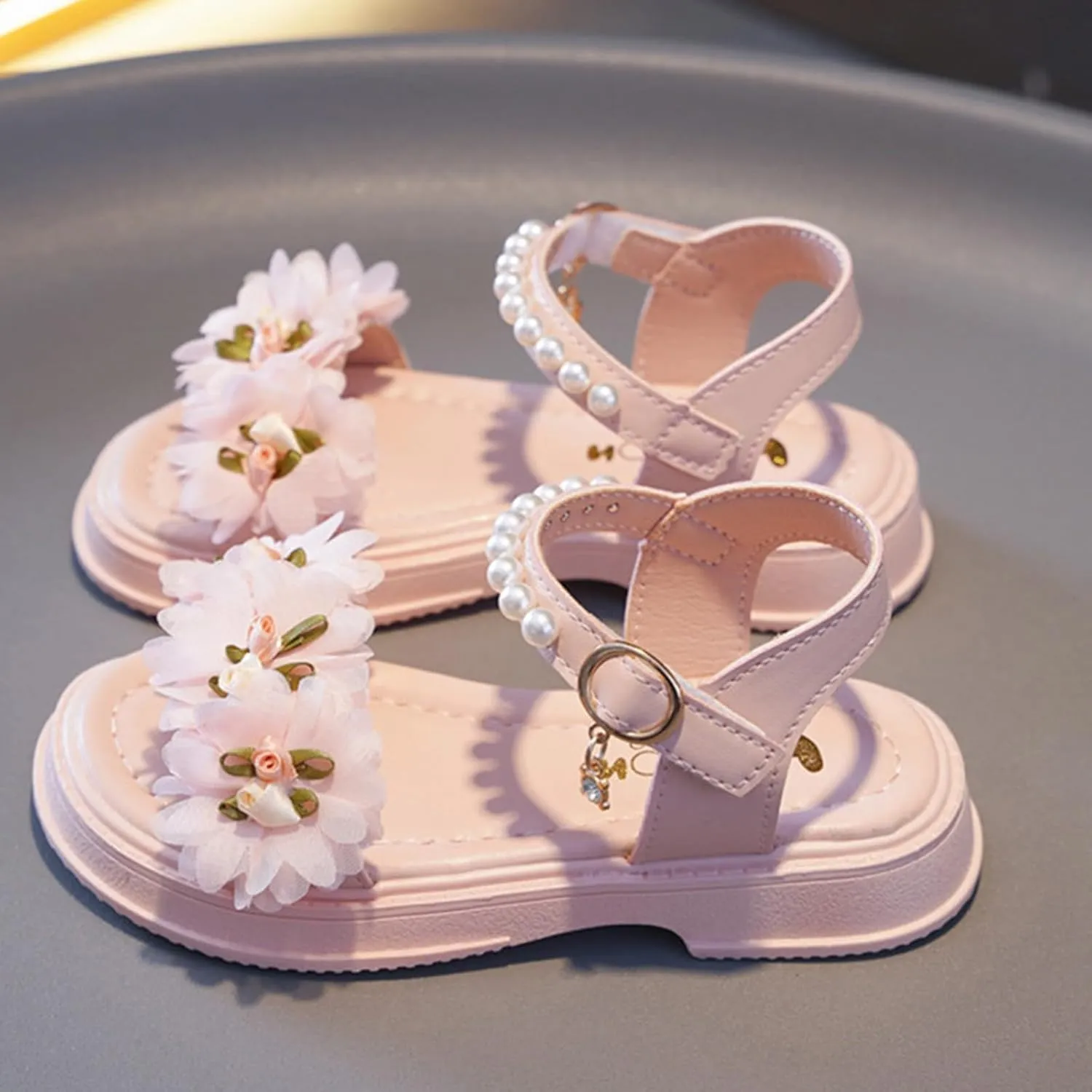 Flower Girls Sandals for Kids Dress Shoes Summer Casual Open Toe Floral Dressy Princess Sandal with Pearl Ankle Strap