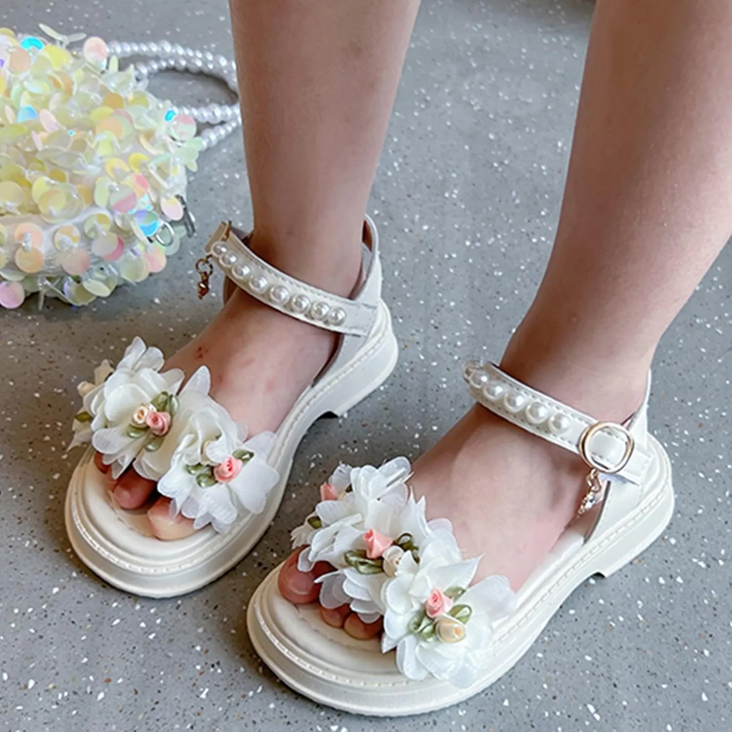 Flower Girls Sandals for Kids Dress Shoes Summer Casual Open Toe Floral Dressy Princess Sandal with Pearl Ankle Strap