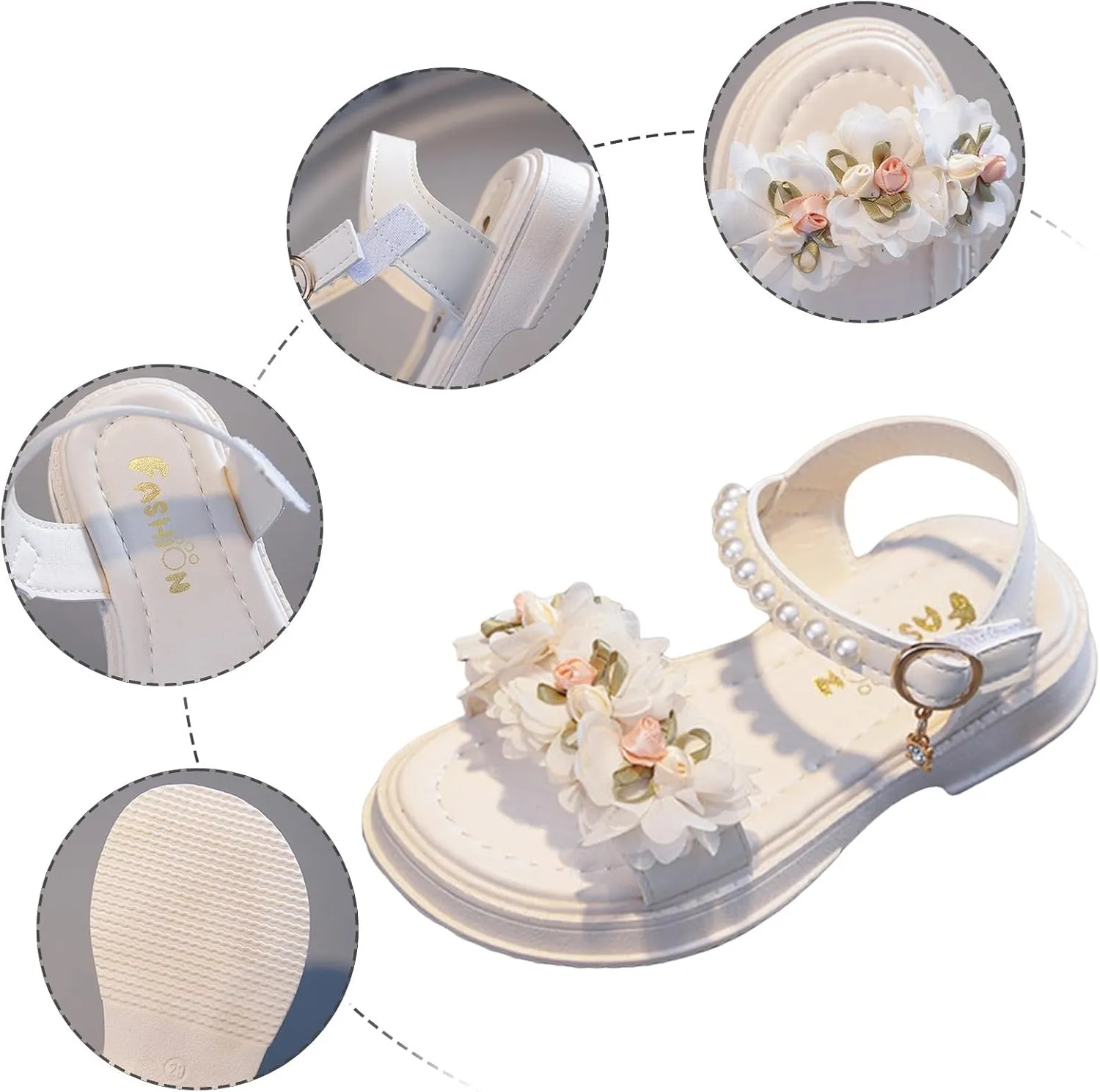 Flower Girls Sandals for Kids Dress Shoes Summer Casual Open Toe Floral Dressy Princess Sandal with Pearl Ankle Strap