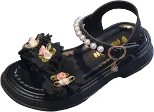 Flower Girls Sandals for Kids Dress Shoes Summer Casual Open Toe Floral Dressy Princess Sandal with Pearl Ankle Strap