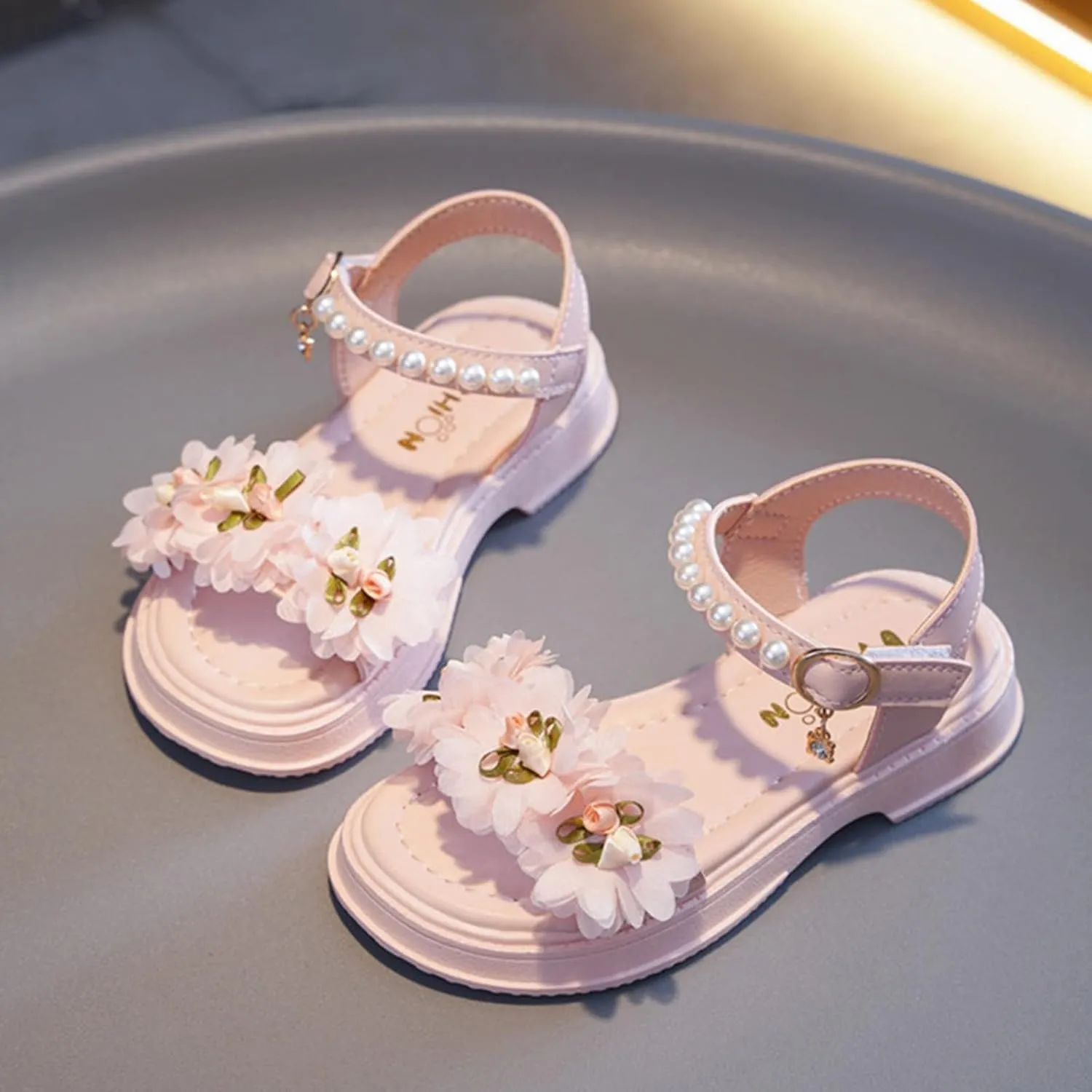 Flower Girls Sandals for Kids Dress Shoes Summer Casual Open Toe Floral Dressy Princess Sandal with Pearl Ankle Strap