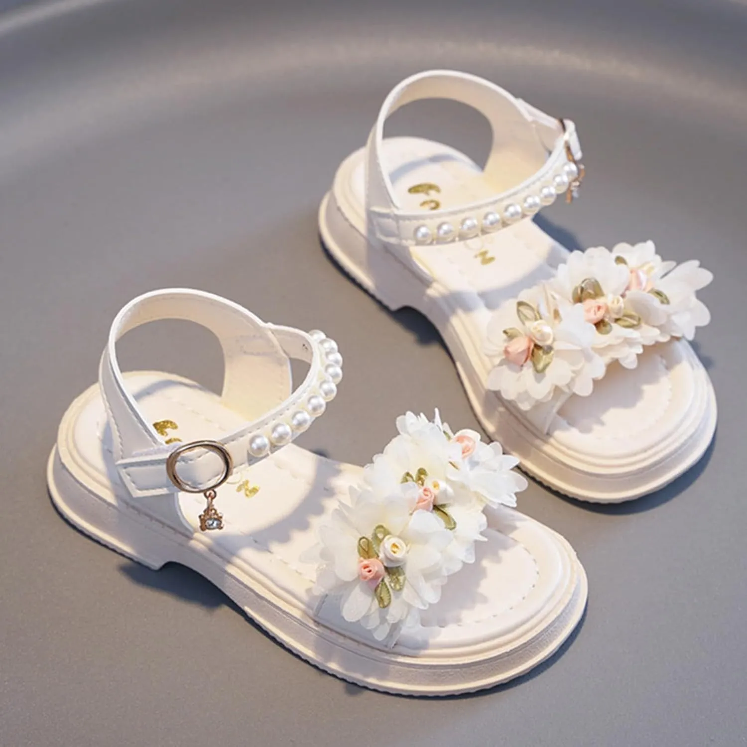 Flower Girls Sandals for Kids Dress Shoes Summer Casual Open Toe Floral Dressy Princess Sandal with Pearl Ankle Strap