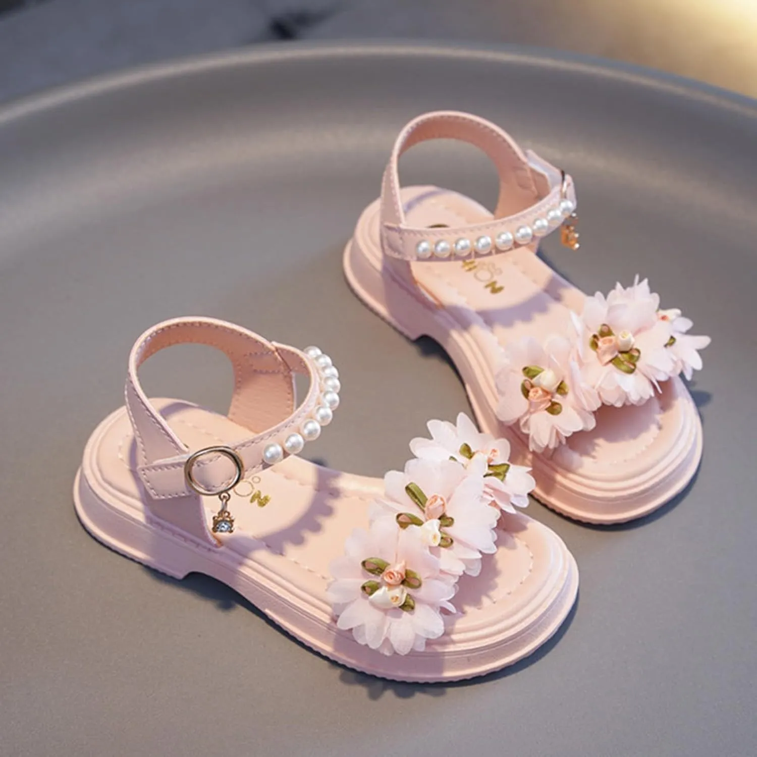 Flower Girls Sandals for Kids Dress Shoes Summer Casual Open Toe Floral Dressy Princess Sandal with Pearl Ankle Strap