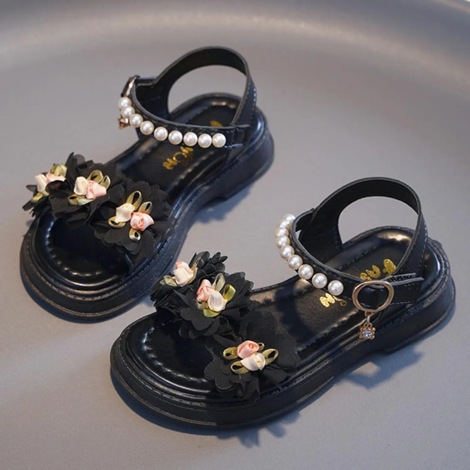 Flower Girls Sandals for Kids Dress Shoes Summer Casual Open Toe Floral Dressy Princess Sandal with Pearl Ankle Strap