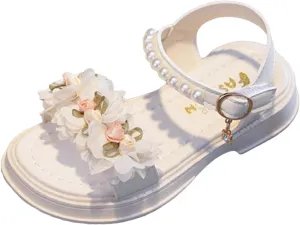 Flower Girls Sandals for Kids Dress Shoes Summer Casual Open Toe Floral Dressy Princess Sandal with Pearl Ankle Strap