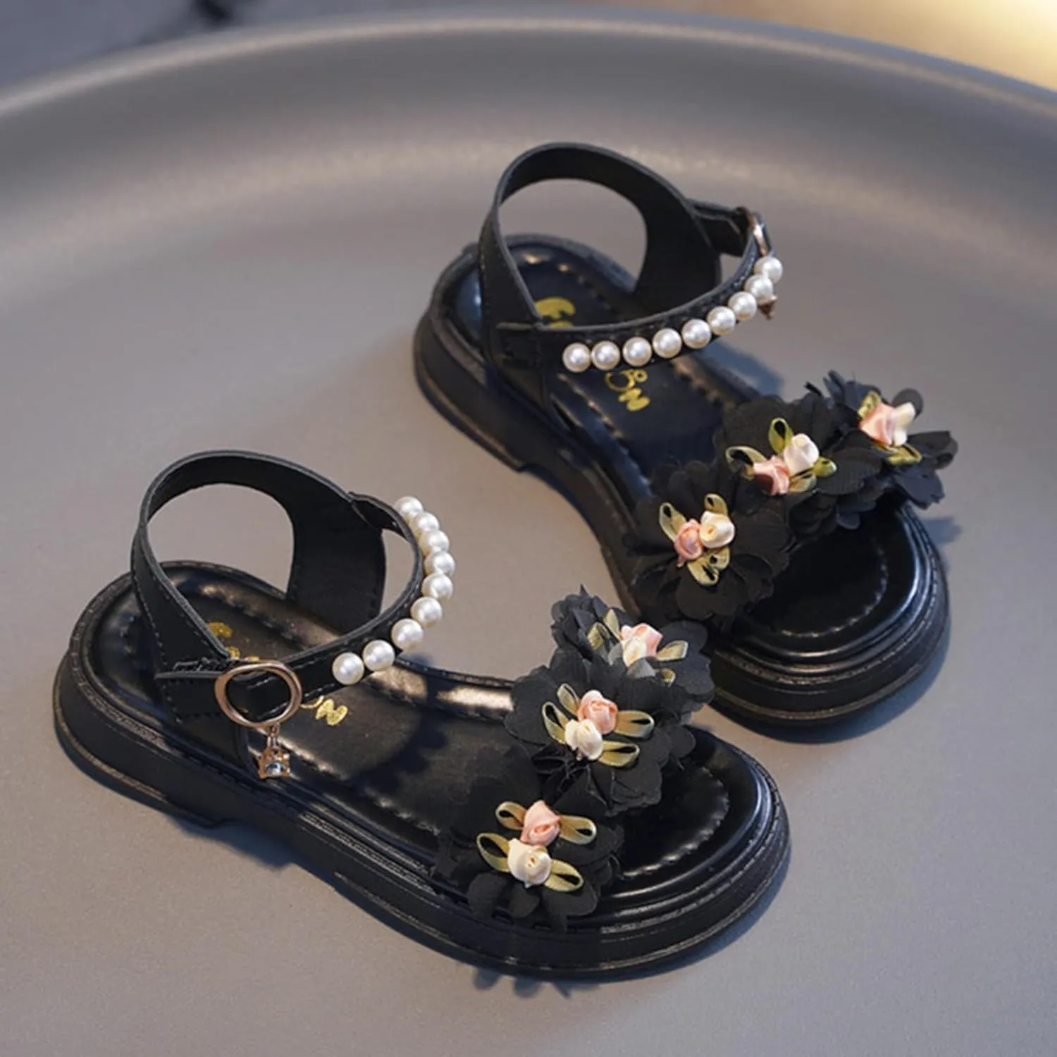 Flower Girls Sandals for Kids Dress Shoes Summer Casual Open Toe Floral Dressy Princess Sandal with Pearl Ankle Strap