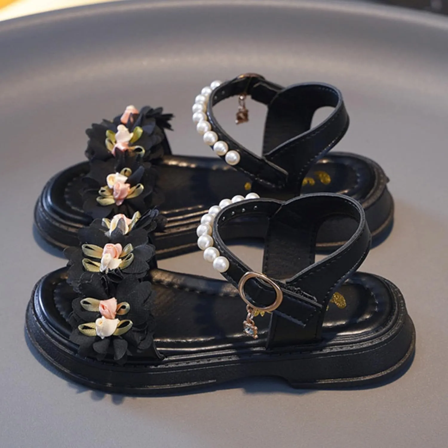 Flower Girls Sandals for Kids Dress Shoes Summer Casual Open Toe Floral Dressy Princess Sandal with Pearl Ankle Strap