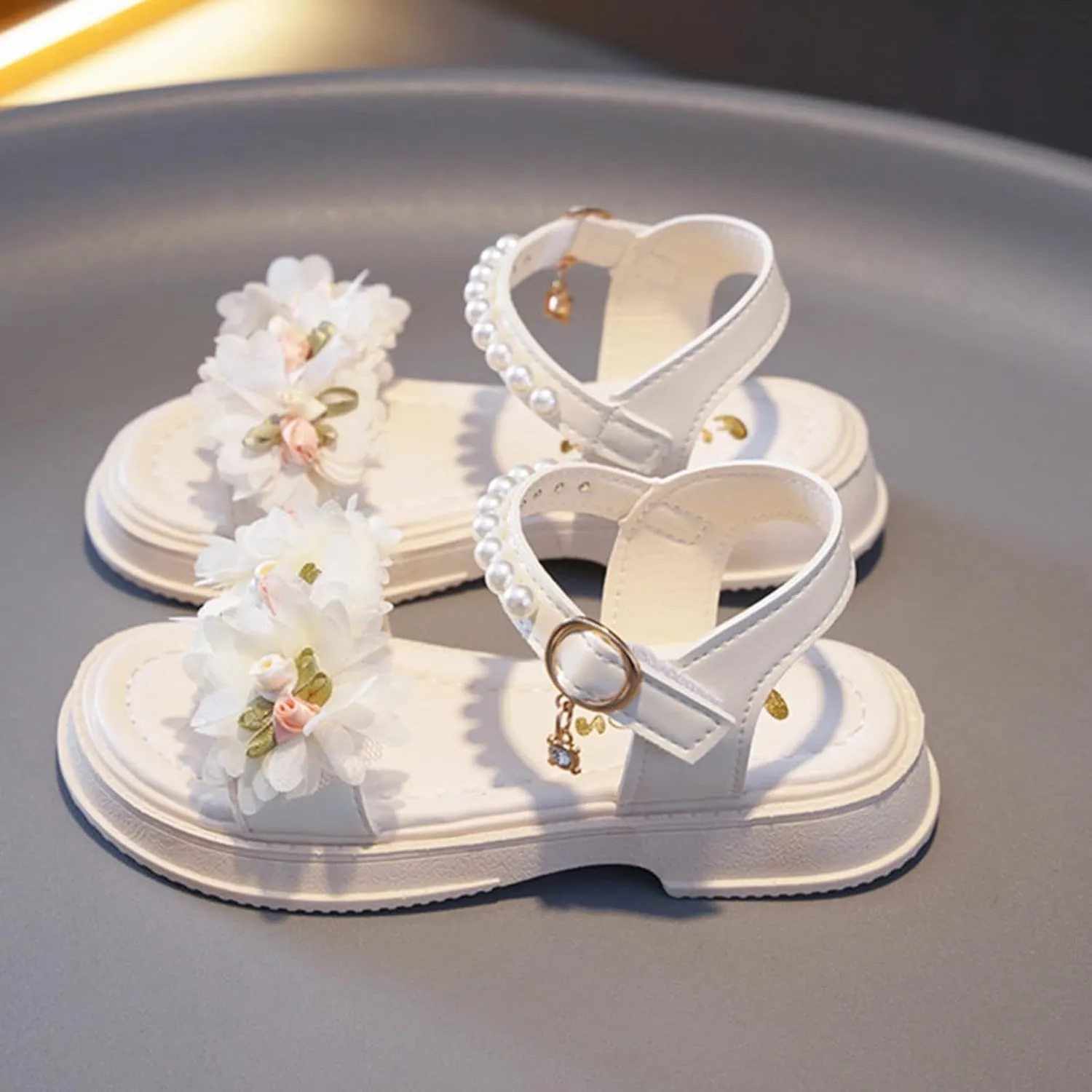 Flower Girls Sandals for Kids Dress Shoes Summer Casual Open Toe Floral Dressy Princess Sandal with Pearl Ankle Strap