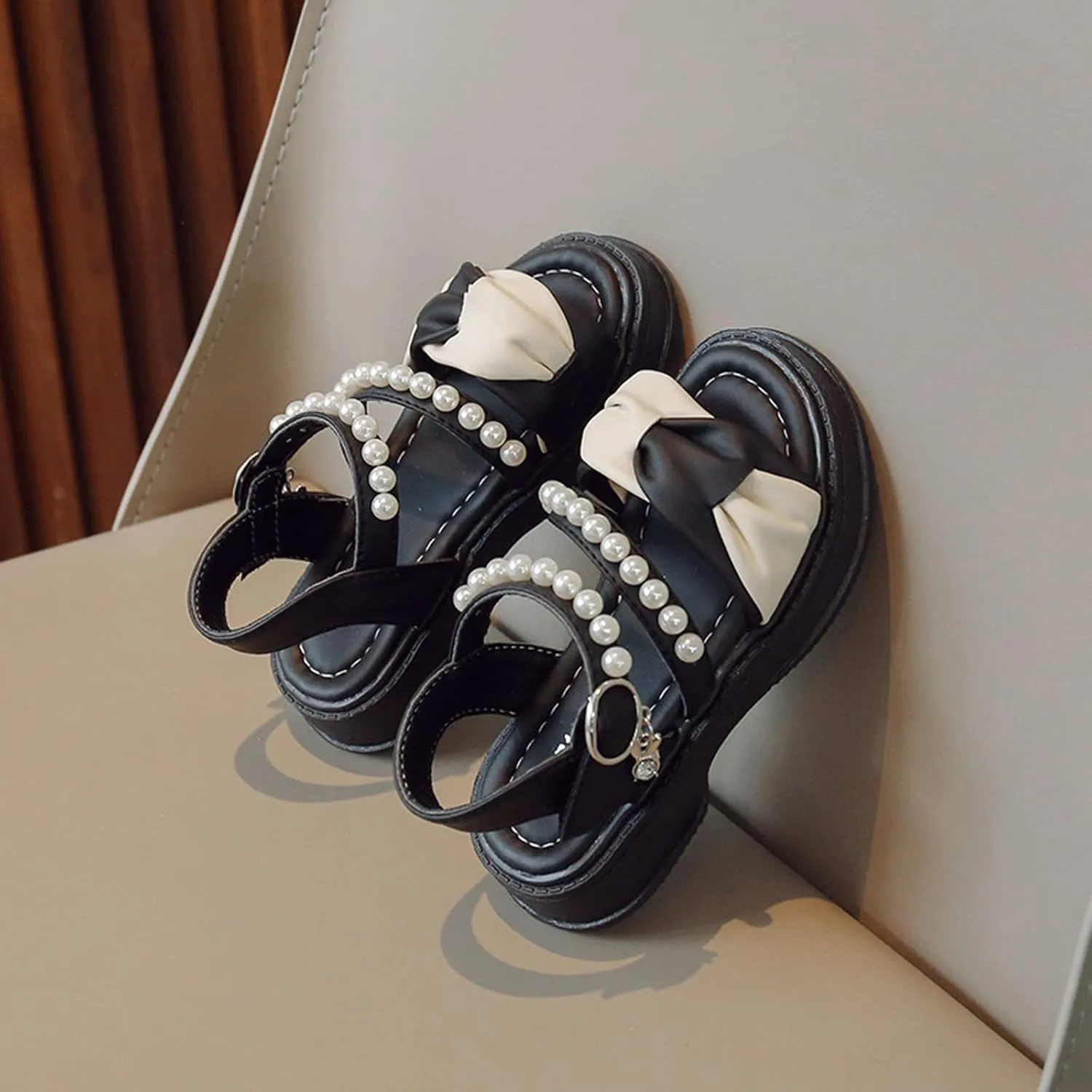 Flower Girls Sandals for Wedding Kids Dress Shoes Summer Open Toe Cute Color Block Princess Sandals with Pearl Straps