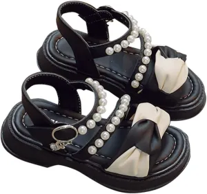 Flower Girls Sandals for Wedding Kids Dress Shoes Summer Open Toe Cute Color Block Princess Sandals with Pearl Straps